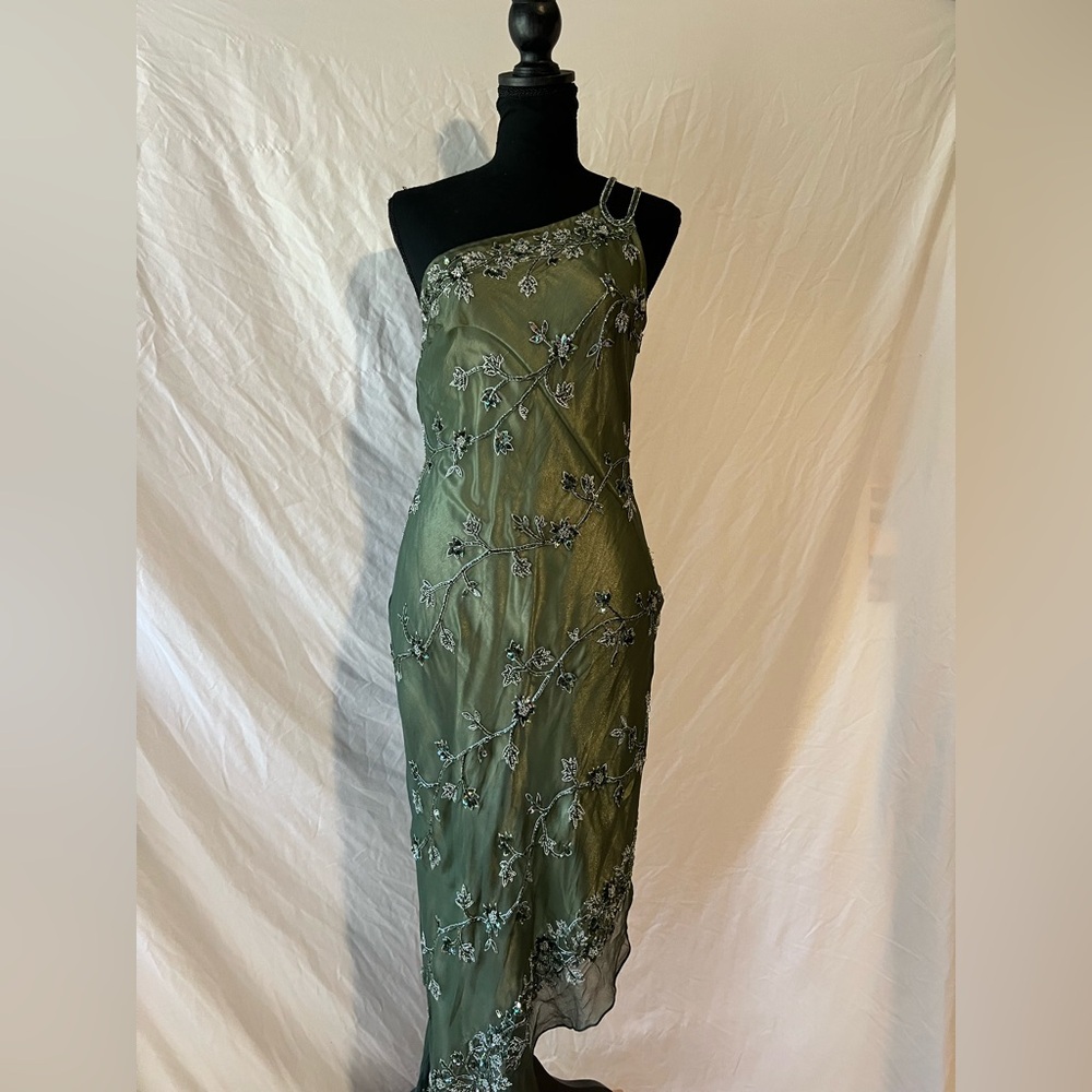 Vintage Scala Asymmetric Beaded Green Evening Dress - Picture 2 of 16